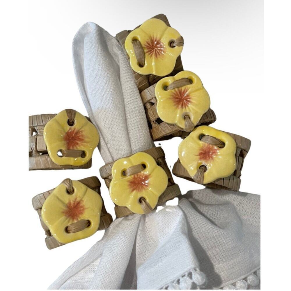 Floral Hand Hibiscus Beach Ceramic Rattan Napkin Rings 6 Party Table Setting‎